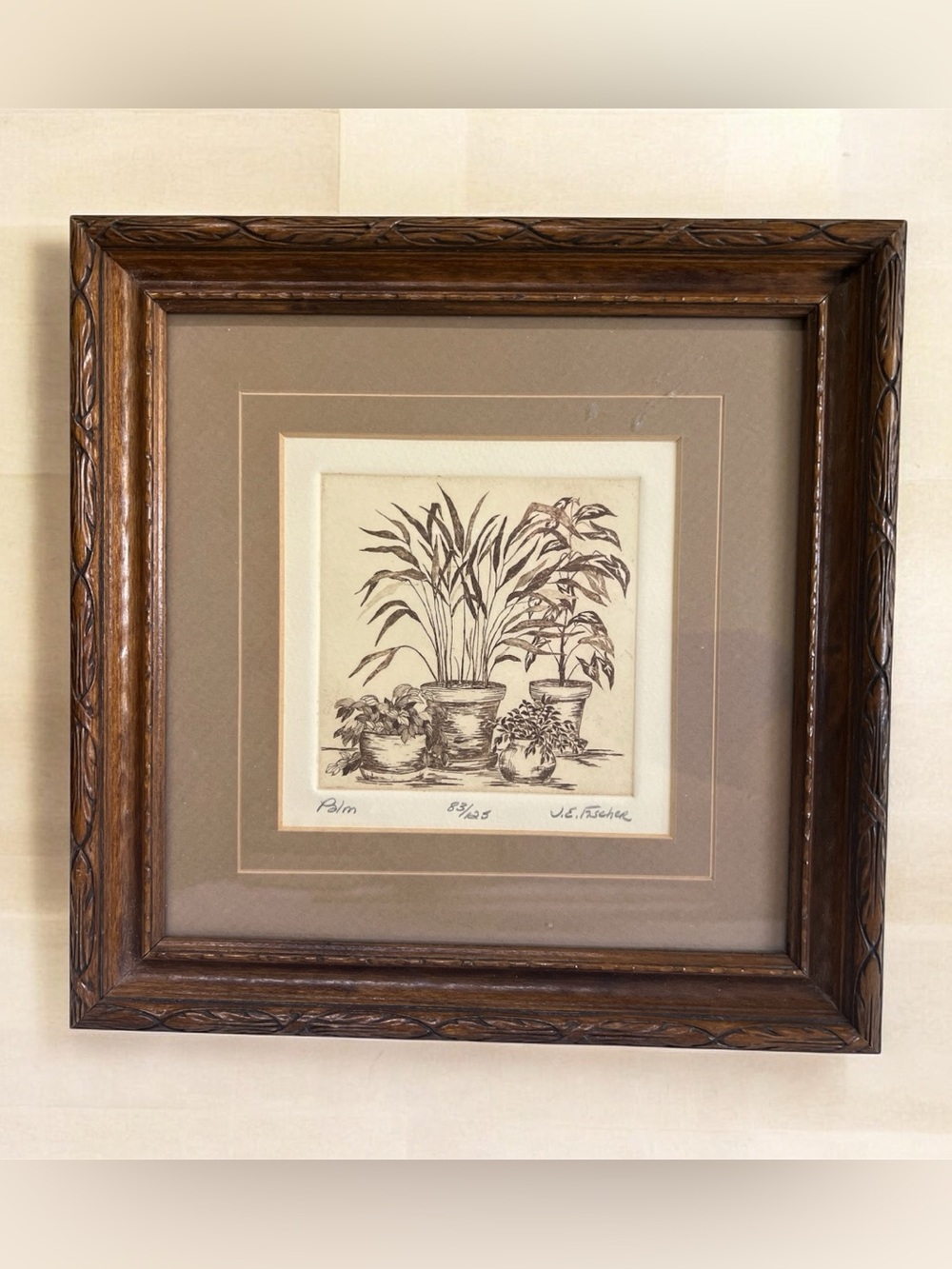J.E. Fischer Palm Botanical Etching Signed 83/125 Matted carved wood Frame 10x10